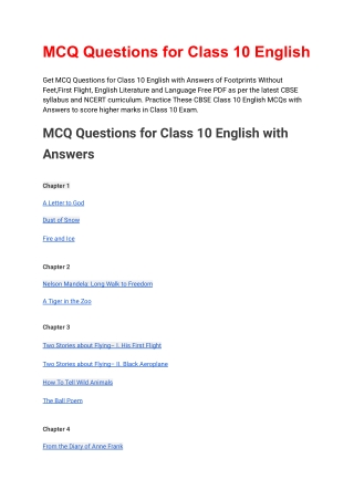 MCQ Questions for Class 10 English with Answers PDF Download