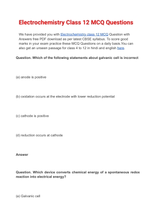 Electrochemistry Class 12 MCQ Questions free PDF Download