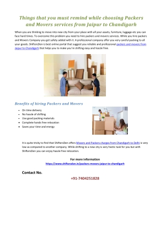 Things that you must remind while choosing Packers and Movers services from Jaipur to Chandigarh