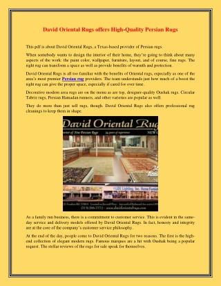 David Oriental Rugs offers High-Quality Persian Rugs