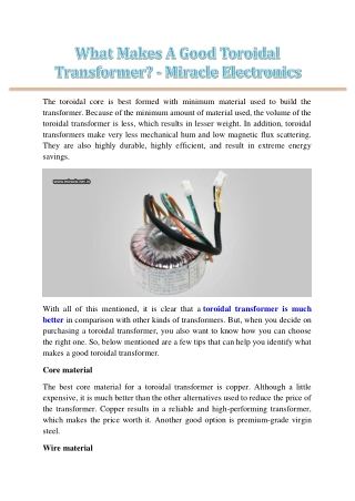 What Makes A Good Toroidal Transformer? - Miracle Electronics