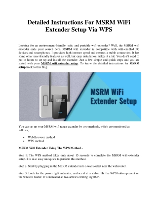 Detailed Instructions For MSRM WiFi Extender Setup Via WPS