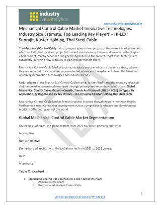 Mechanical Control Cable Market Upcoming Challenges, Business Strategies 2021