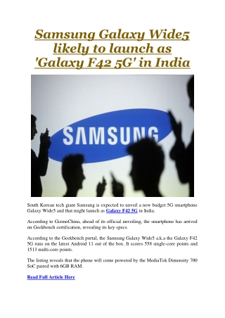 Samsung Galaxy Wide5 likely to launch as 'Galaxy F42 5G' in India