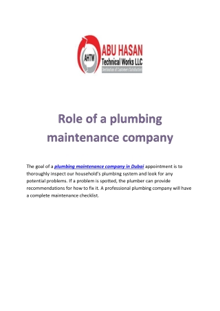 Role of a plumbing maintenance company Abu Hasan Technical Works LLC.