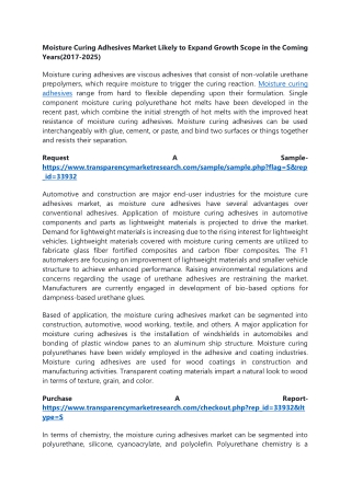 Moisture Curing Adhesives Market Likely to Expand Growth Scope in the Coming Yea