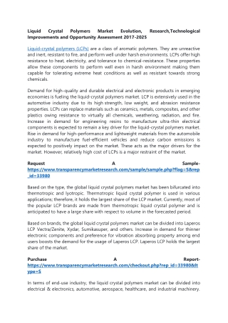 Liquid Crystal Polymers Market Evolution, Research,Technological Improvements an
