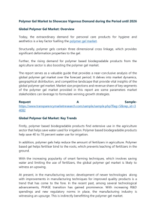 Polymer Gel Market to Showcase Vigorous Demand during the Period until 2026