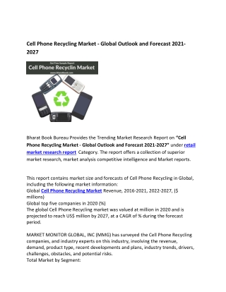 Global Cell Phone Recycling Market Forecast to 2021-2027