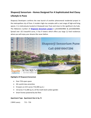 Shapoorji Sensorium - Homes Designed For A Sophisticated And Classy Lifestyle In Pune