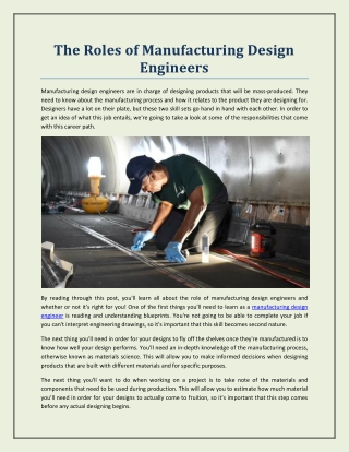 The Roles of Manufacturing Design Engineers