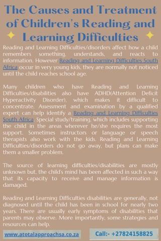 The Causes and Treatment of Children’s Reading and Learning Difficulties