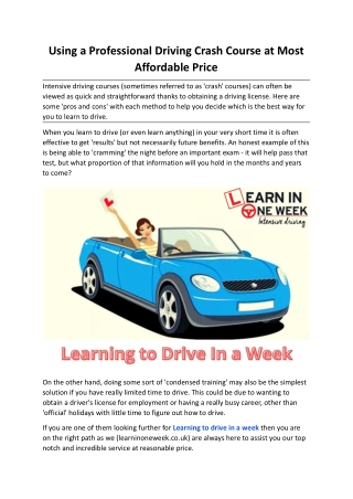 Using a Professional Driving Crash Course at Most Affordable Price