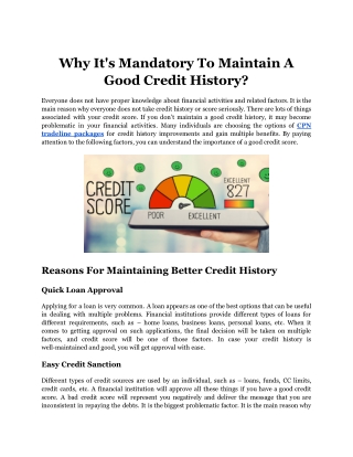 Why It's Mandatory To Maintain A Good Credit History?