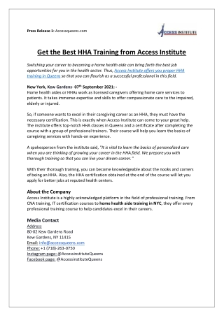 Get the best HHA training from Access Institute