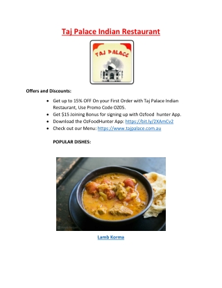 15% off - Taj Palace Indian Restaurant Menu North Hobart, TAS