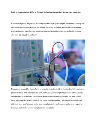 M.Sc. in Dialysis Technology at NIMS University Jaipur
