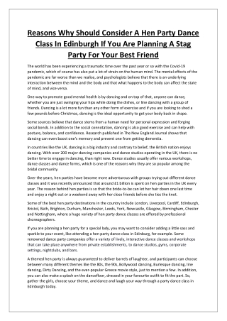 Reasons Why Should Consider A Hen Party Dance Class In Edinburgh If You Are Planning A Stag Party For Your Best Friend