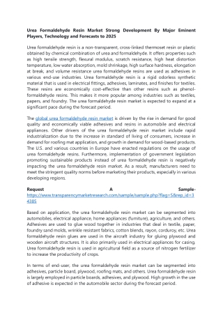 Urea Formaldehyde Resin Market Strong Development By Major Eminent Players, Tech