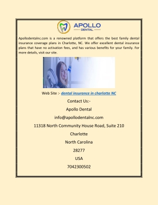 Dental Insurance in Charlotte NC  Apollodentalnc.com