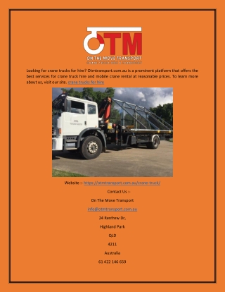 Crane Trucks for Hire  Otmtransport.com.au