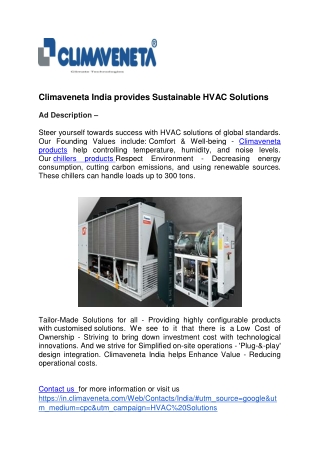 Climaveneta India provides Sustainable HVAC Solutions
