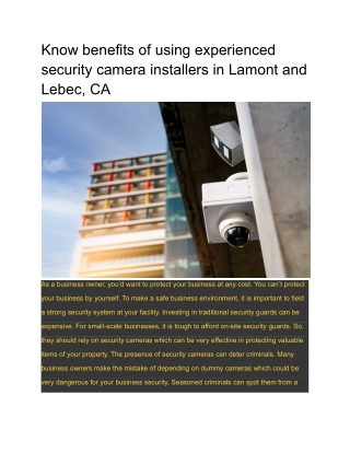 Know benefits of using experienced security camera installers in Lamont and Lebec, CA