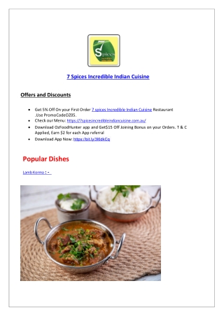 15% Off - 7 Spices Incredible Indian Cuisine Restaurant Applecross, WA