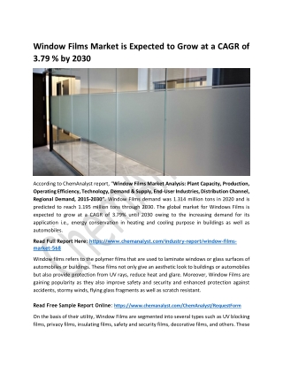 Window Films Market Size, Share, Analysis and Forecast, 2030