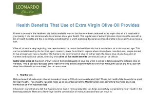 health benefits that use of Extra virgin olive oil provides