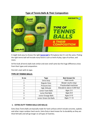 Type of Tennis Balls & Their Composition
