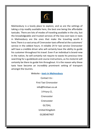 Taxis in Malmesbury | Firsttaxi.co.uk