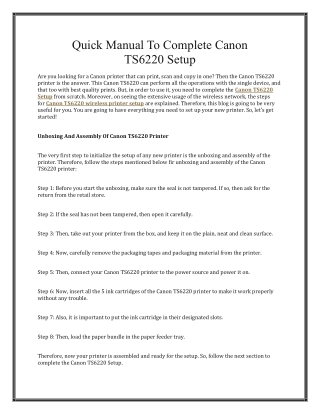 Quick Manual To Complete Canon TS6220 Setup