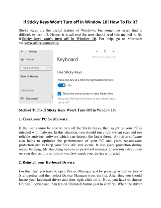 If Sticky Keys Won’t Turn off in Window 10! How To Fix it? Office.com/setup