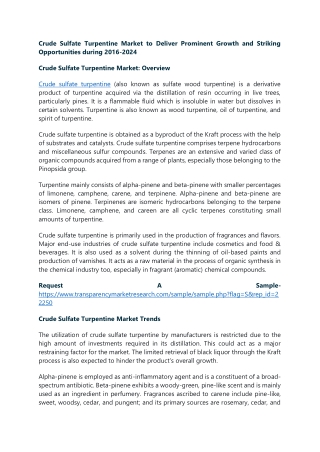 Crude Sulfate Turpentine Market to Deliver Prominent Growth and Striking Opportu
