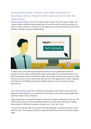 Amazon global selling  Amazon  Learn about the benefits of becoming a seller on Amazon and the steps you need to take. G