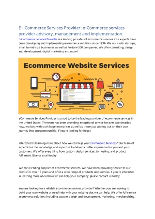 E - Commerce Services Provider  e-Commerce services provider advisory, management and implementation.