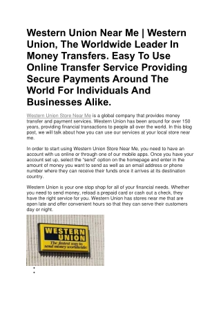 Western Union Near Me  Western Union  The Worldwide Leader In Money Transfers. Easy To Use Online Transfer Service Provi