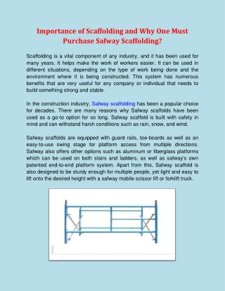 Importance of Scaffolding and Why One Must Purchase Safway Scaffolding