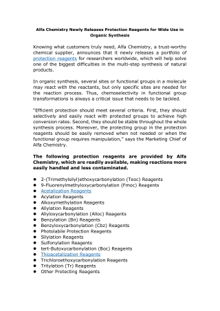 Alfa Chemistry Newly Releases Protection Reagents for Wide Use in Organic Synthesis