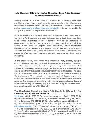 Alfa Chemistry Offers Chlorinated Phenol and Resin Acids Standards for Environmental Research