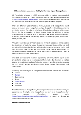 CD Formulation Announces Ability to Develop Liquid Dosage Forms