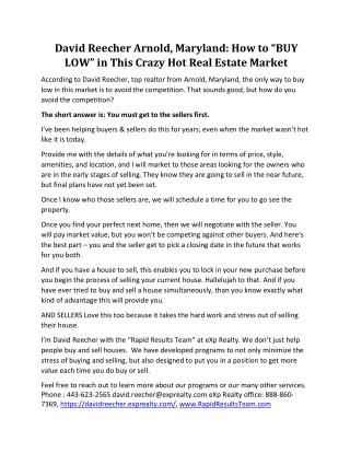 David Reecher Arnold Maryland: How to BUY LOW in Crazy Hot Real Estate Market