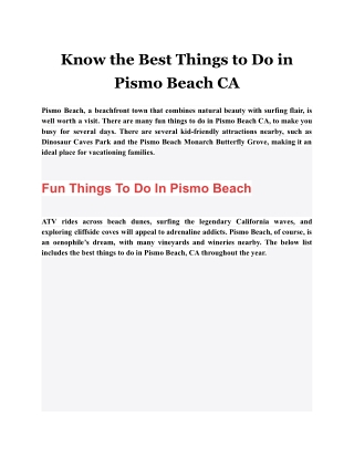 Know the Best Things to Do in Pismo Beach CA