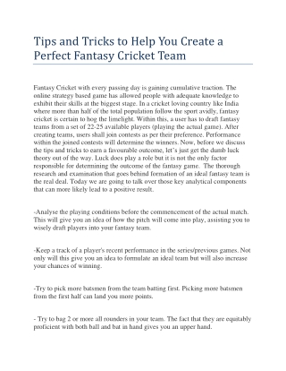 Tips and Tricks to Help You Create a Perfect Fantasy Cricket Team