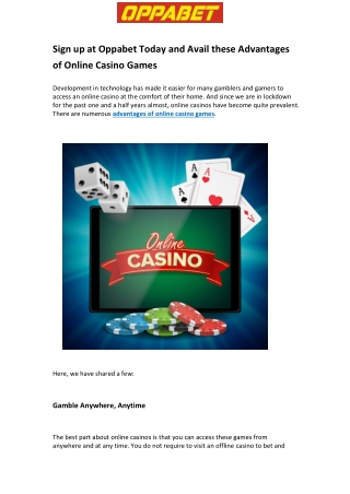 Sign up at Oppabet Today and Avail these Advantages of Online Casino Games