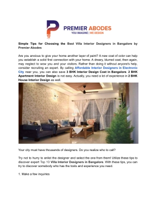 Simple Tips for Choosing the Best Villa Interior Designers in Bangalore by Premier Abodes