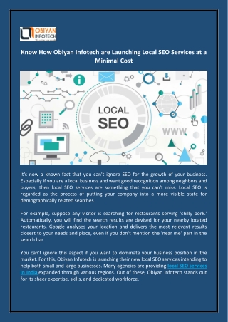 Know How Obiyan Infotech are Launching Local SEO Services at a Minimal Cost