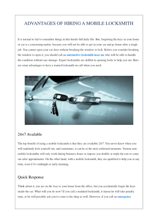 ADVANTAGES OF HIRING A MOBILE LOCKSMITH