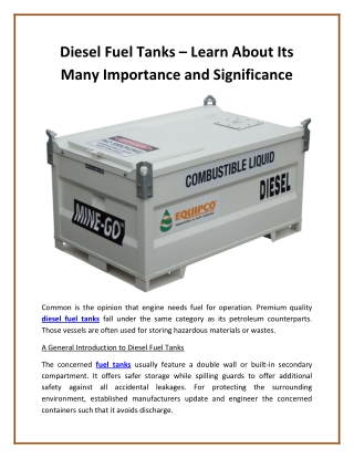 Diesel Fuel Tanks – Learn About Its Many Importance and Significance